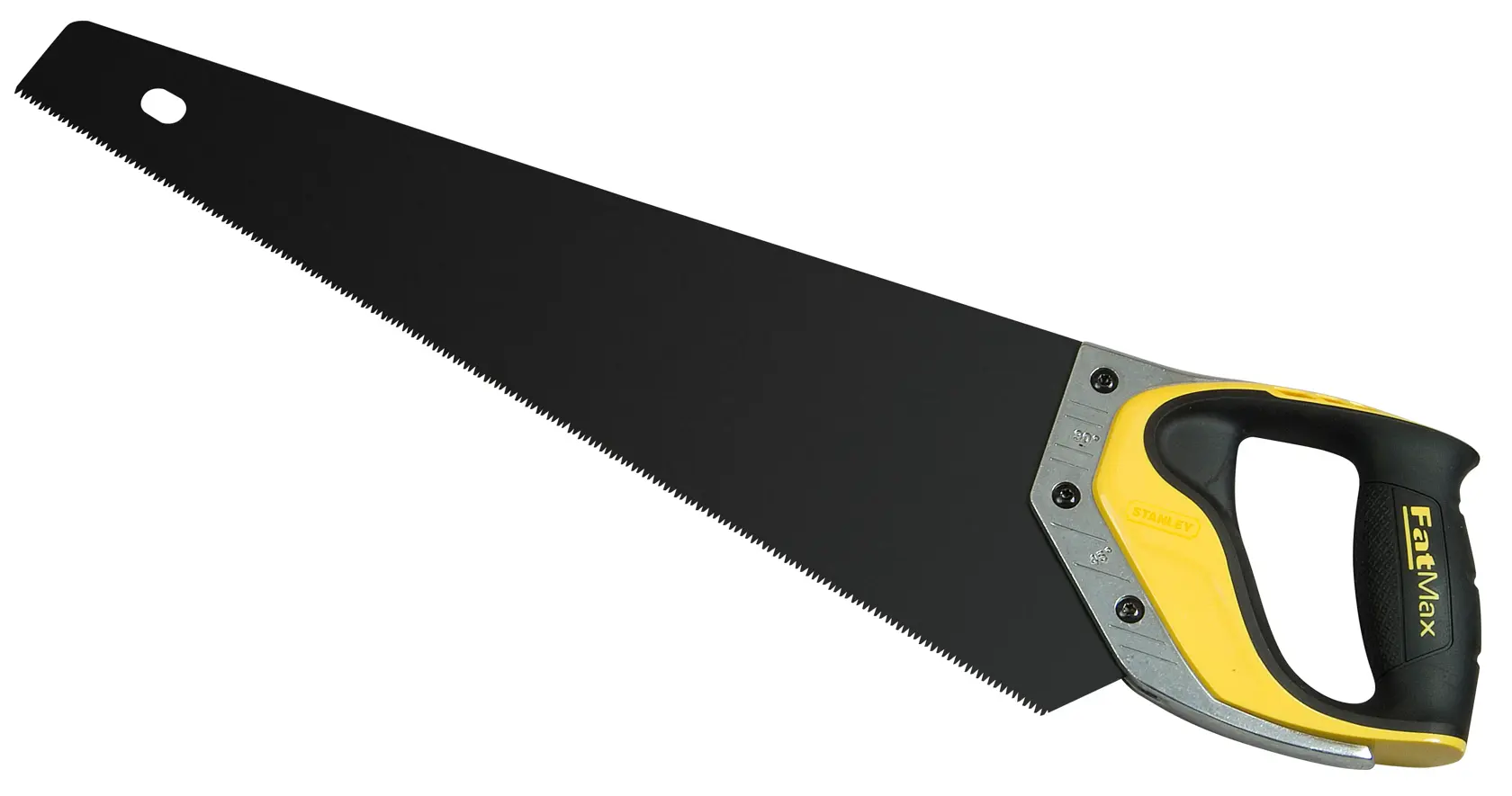 STANLEY 2-20-533 hand saw with black blade and yellow-black ergonomic handle, side view, on white background.
