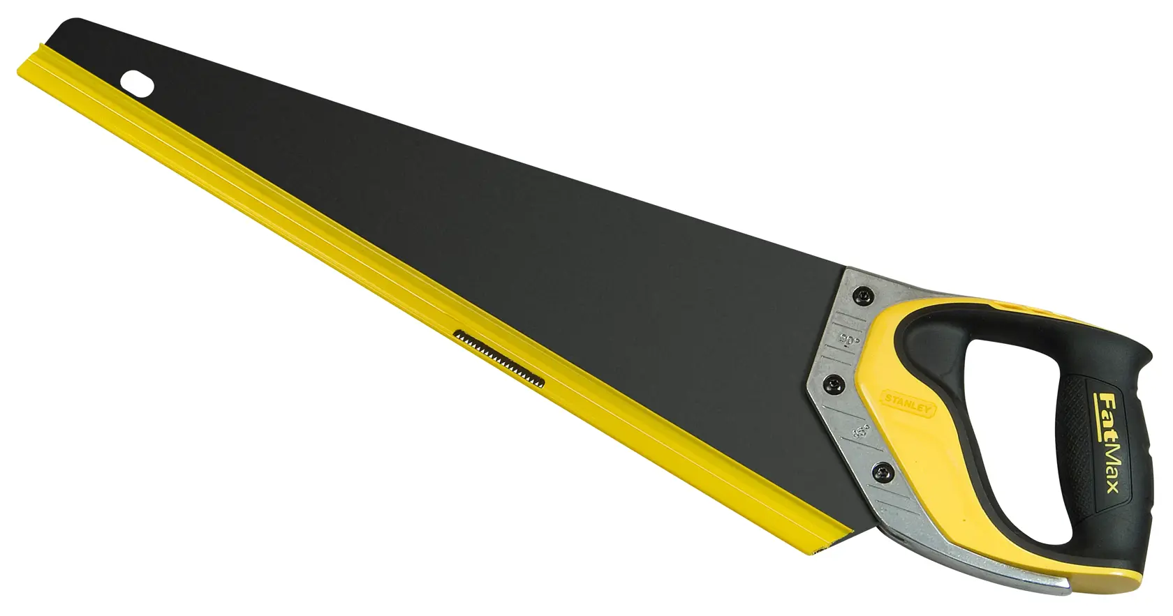 STANLEY 2-20-533 hand saw with black and yellow handle, angled view on white background.