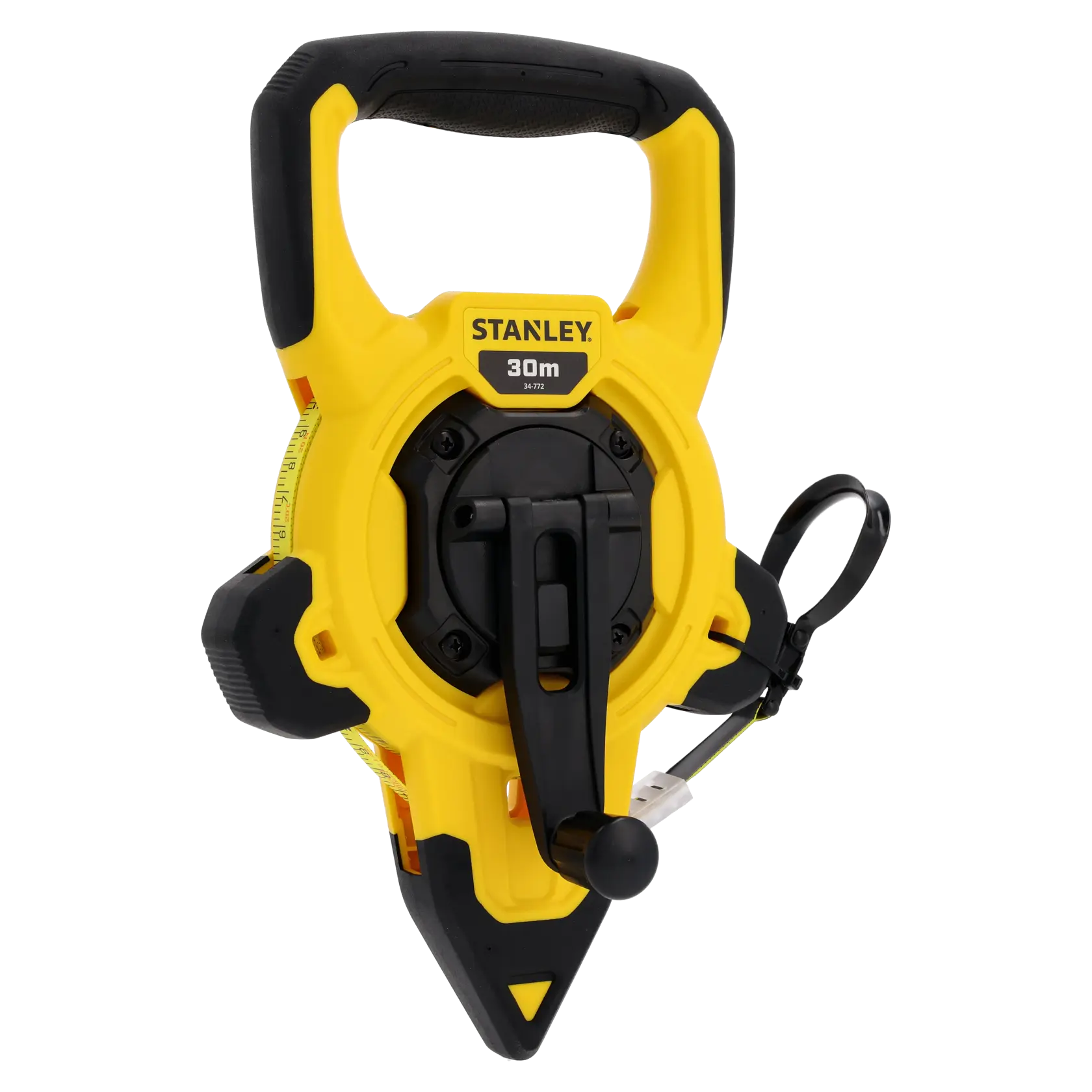 STANLEY 2-34-772 open reel measuring tape, yellow and black, photography, front angle.