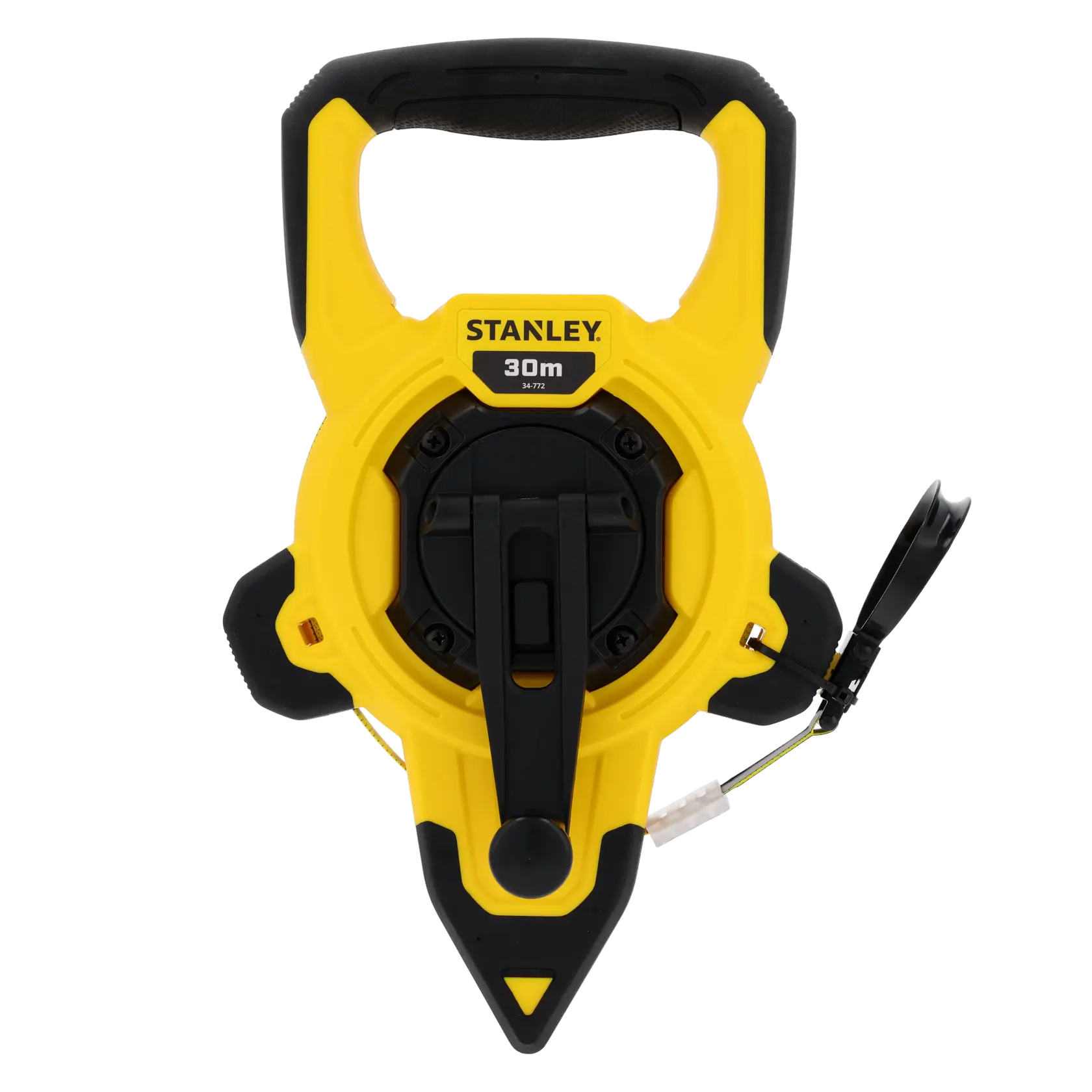 STANLEY 2-34-772 yellow and black 30m closed reel tape measure, front angle on white background.