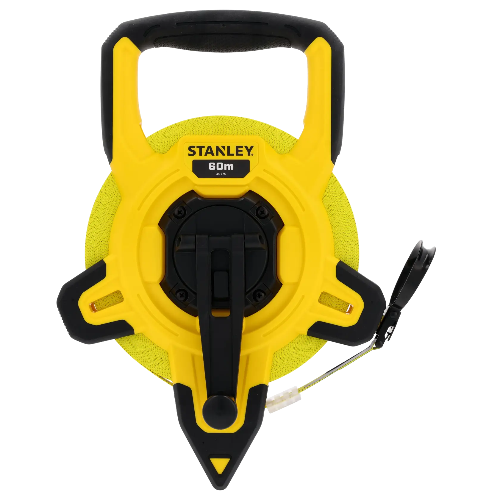 Photo of STANLEY 2-34-775 yellow and black open reel measuring tape, 60m length, product front view.