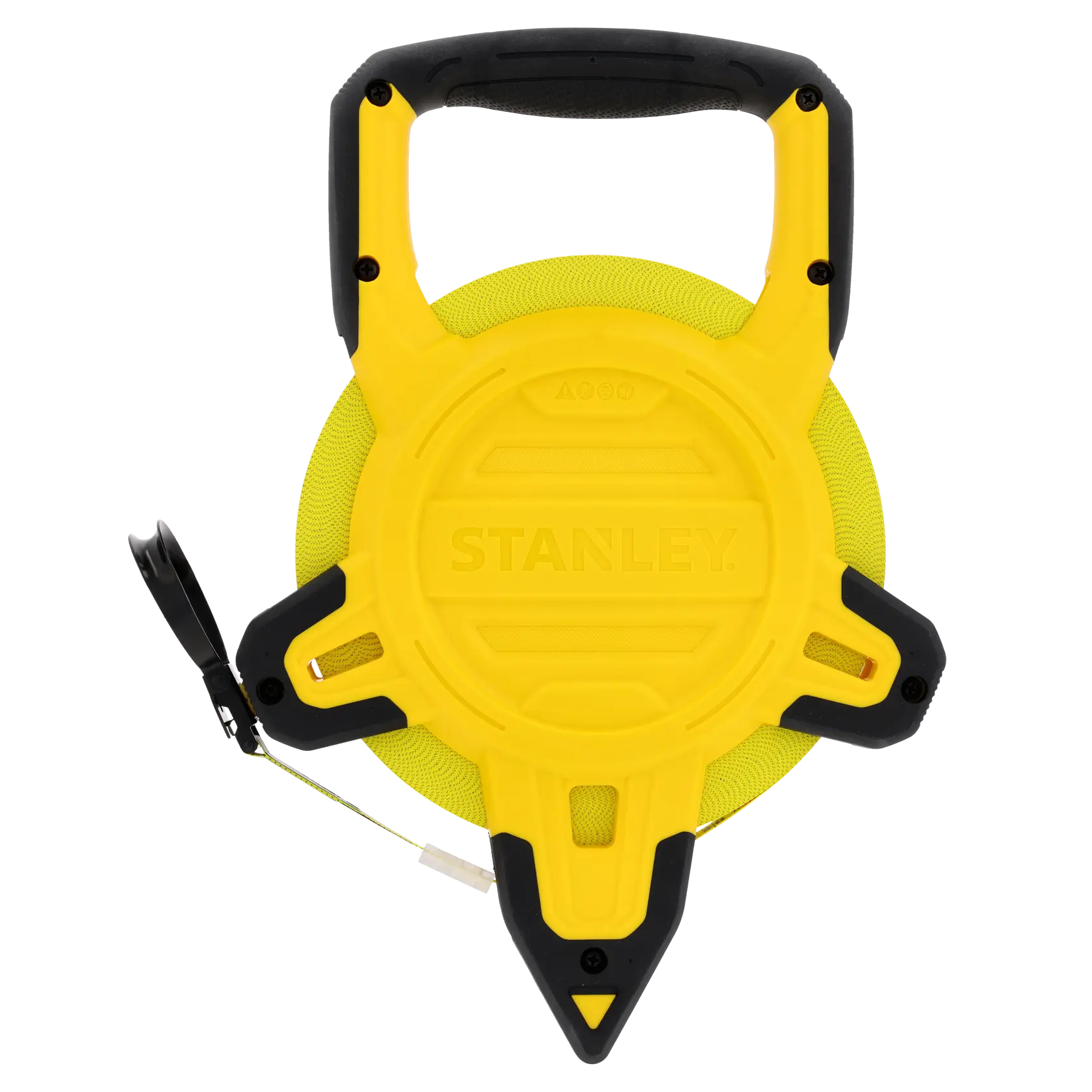 Photo of STANLEY 2-34-775 yellow open reel measuring tape with black handle, front angle, on white background.