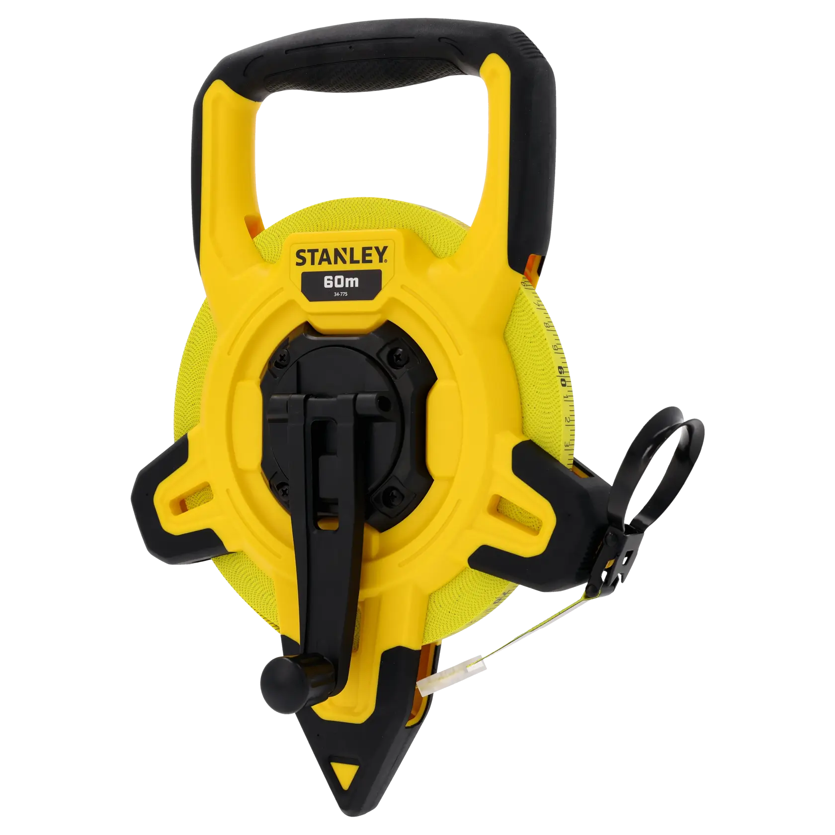 STANLEY 2-34-775 open reel measuring tape, 60m, yellow and black, shown at front angle on white background.