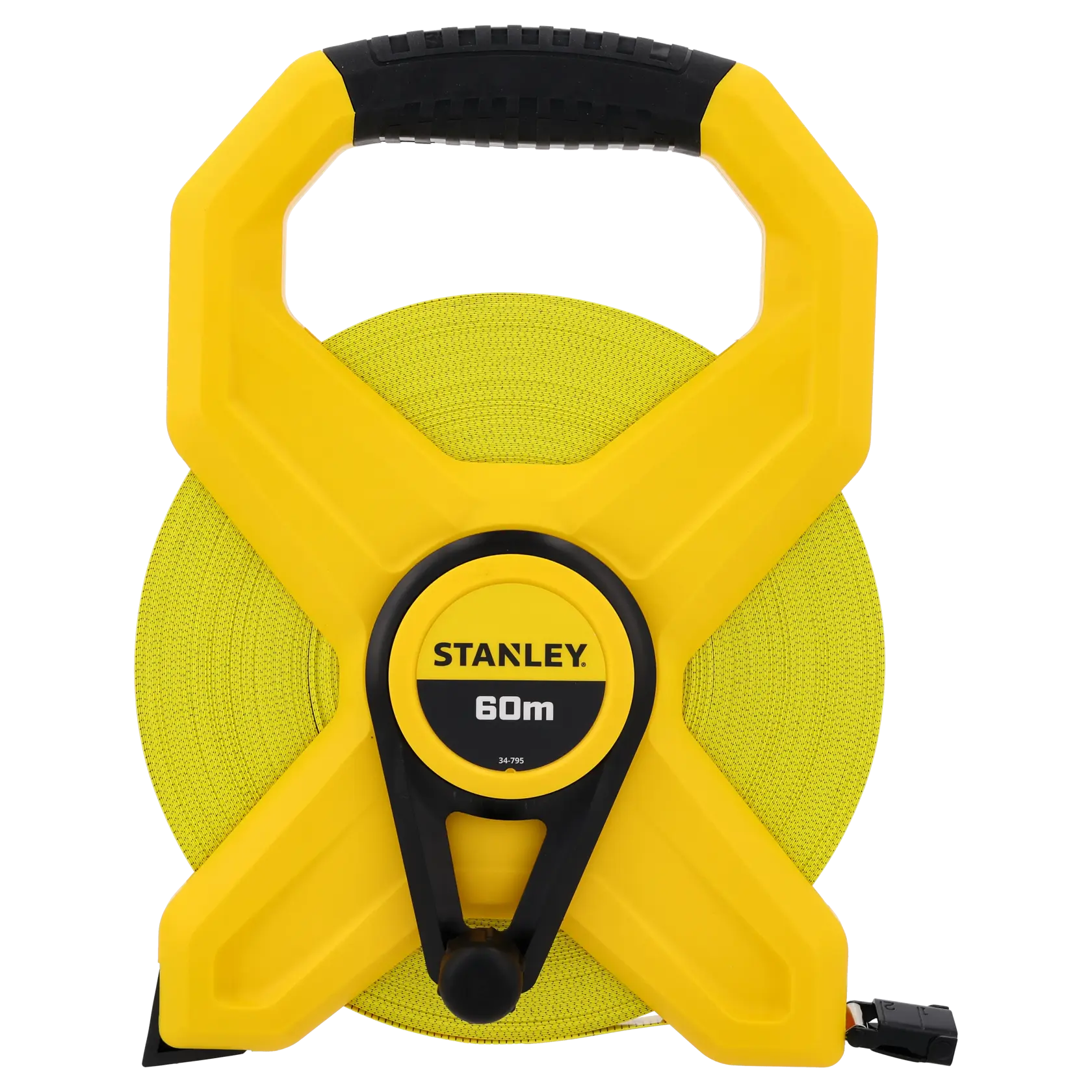 STANLEY 2-34-795 measuring tape, 60m, yellow and black, front angle on white background, hand reel design.