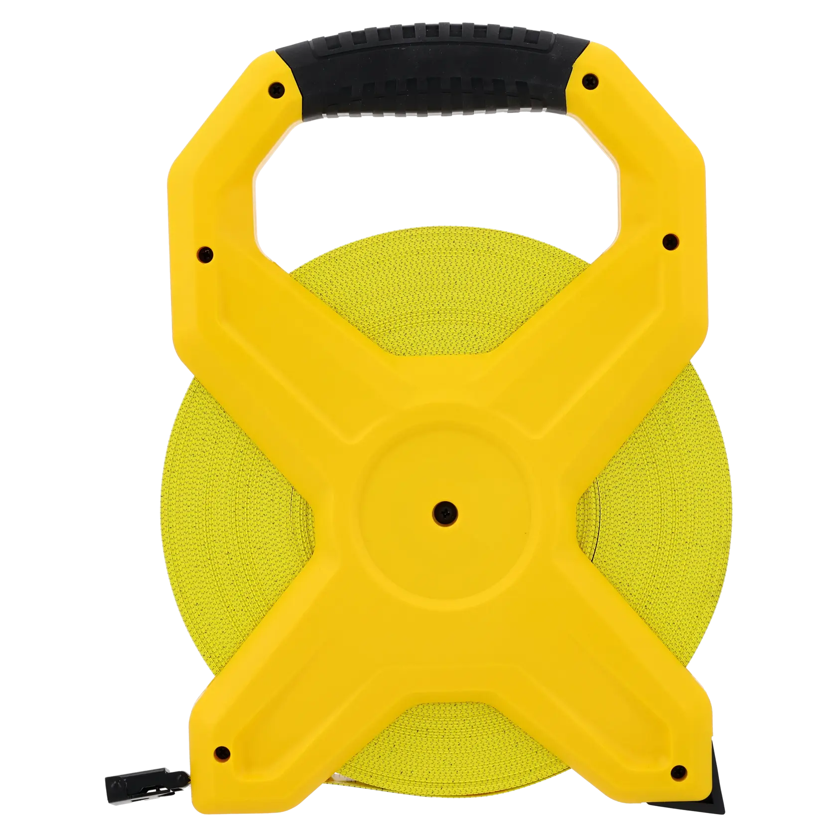STANLEY 2-34-795 open reel yellow fiberglass tape measure, front angle on white background.
