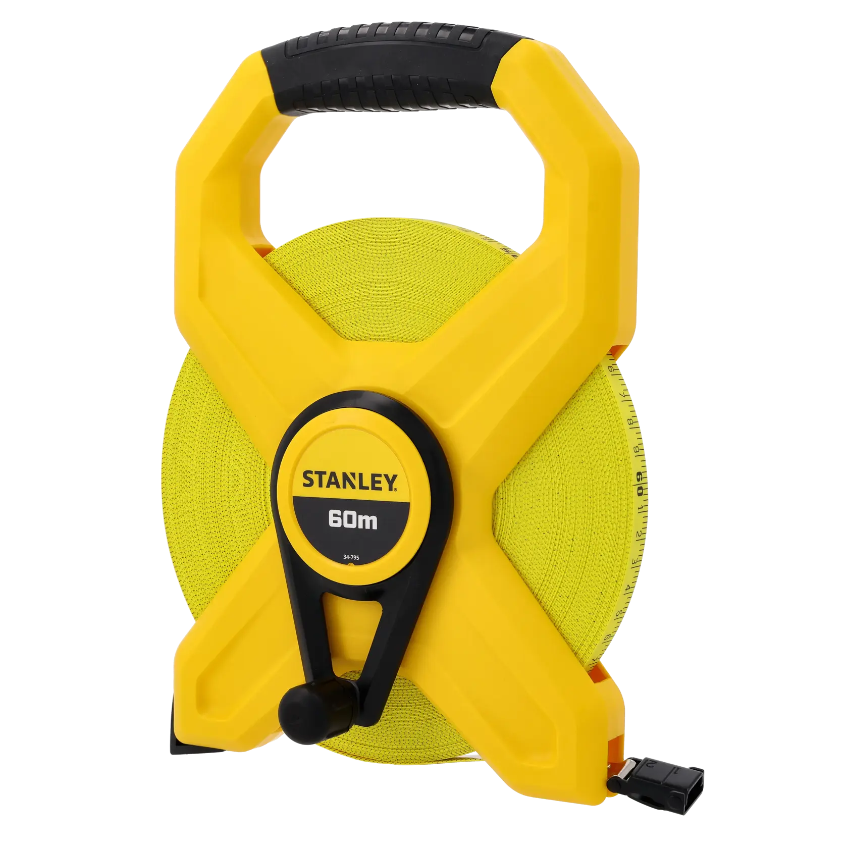 STANLEY 2-34-795 60m yellow open reel tape measure, ergonomic handle, white background, product photography.