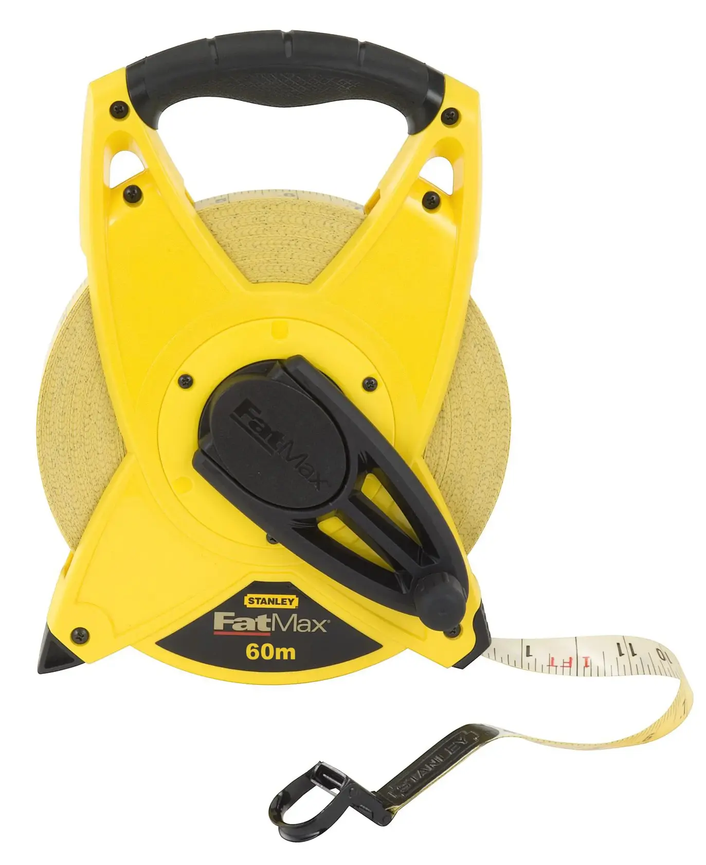 STANLEY 2-34-824 FatMax 60m yellow open reel tape measure, front angle, black handle and crank.