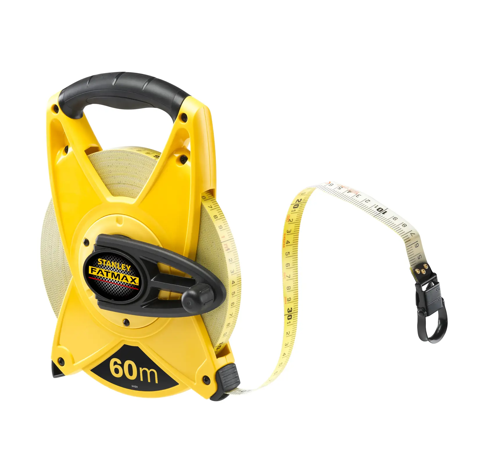 STANLEY 2-34-824 open reel tape measure, yellow and black, FATMAX, 60m, photography, front angle.