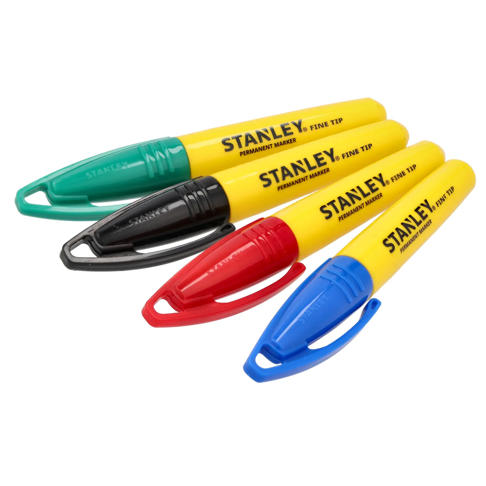 STANLEY 2-47-329 permanent markers, pack of four, yellow body with green, black, red, and blue caps, angled view.