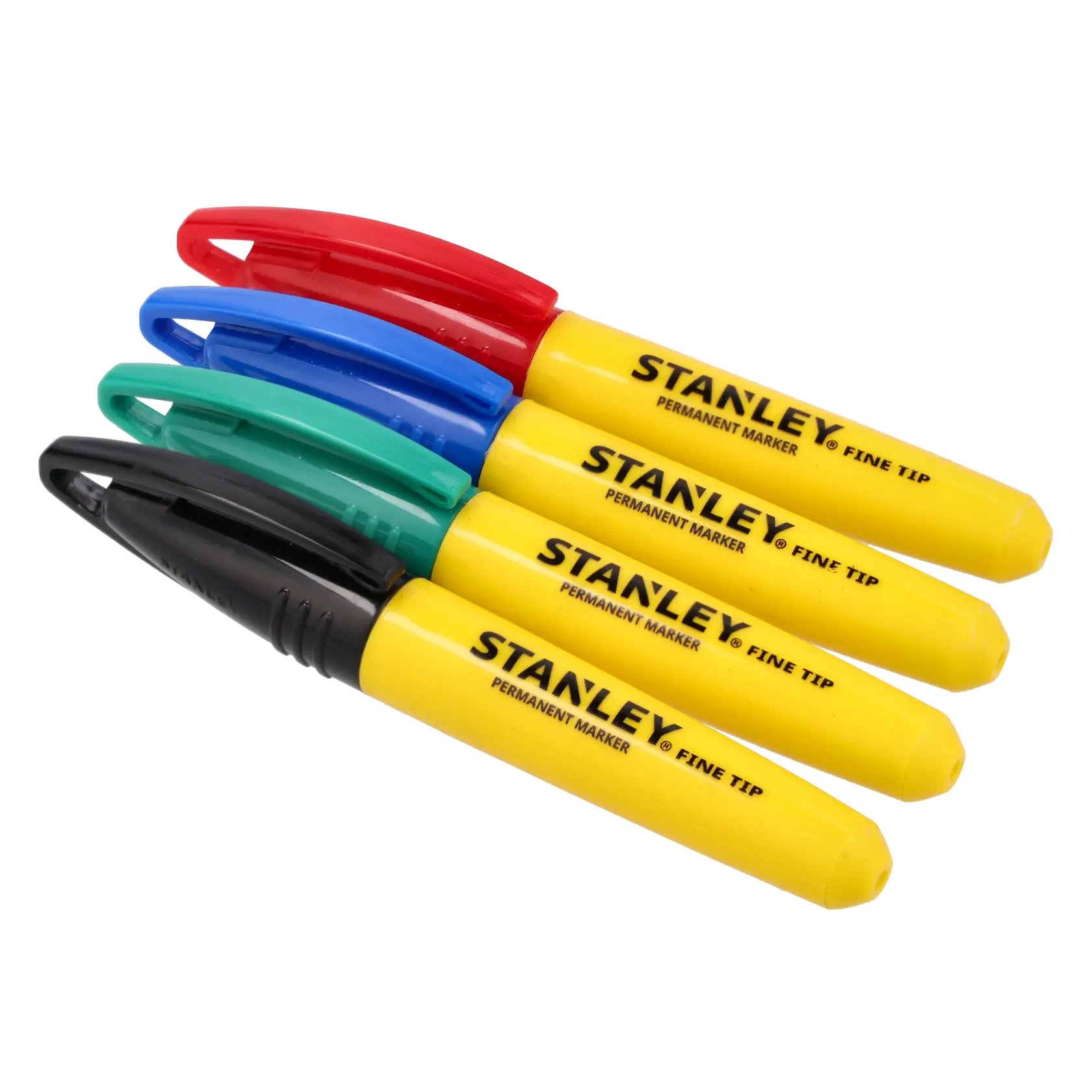 STANLEY 2-47-329 permanent markers, set of four with yellow bodies, red, blue, green, and black caps, side view.