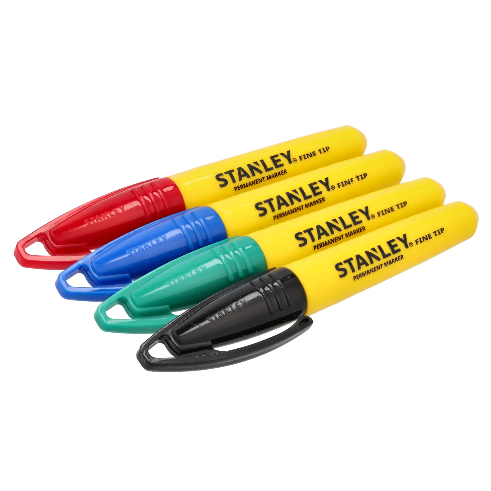 Photo of STANLEY 2-47-329 fine tip permanent markers, yellow bodies with red, blue, green, and black caps, side angle.
