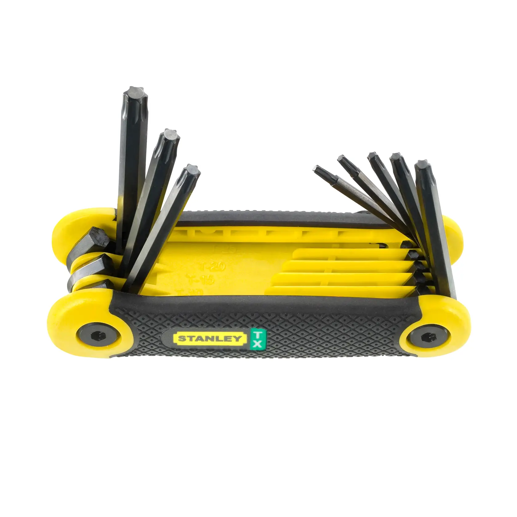 STANLEY 2-69-266 folding Torx key set with yellow and black handle, side angle, keys extended.