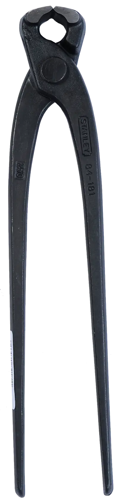 STANLEY 2-84-181 black iron end cutting pliers, photography of tool on white background, front angle.