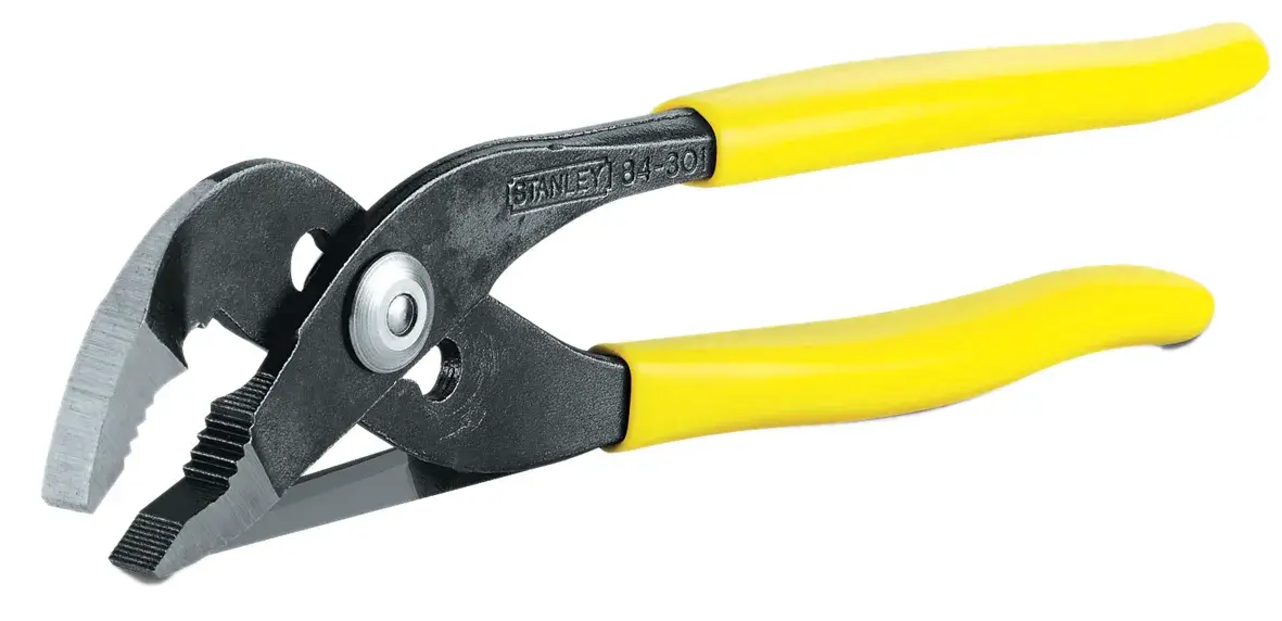 Photo of STANLEY 2-84-301 groove joint pliers with yellow handles, angled on white background.