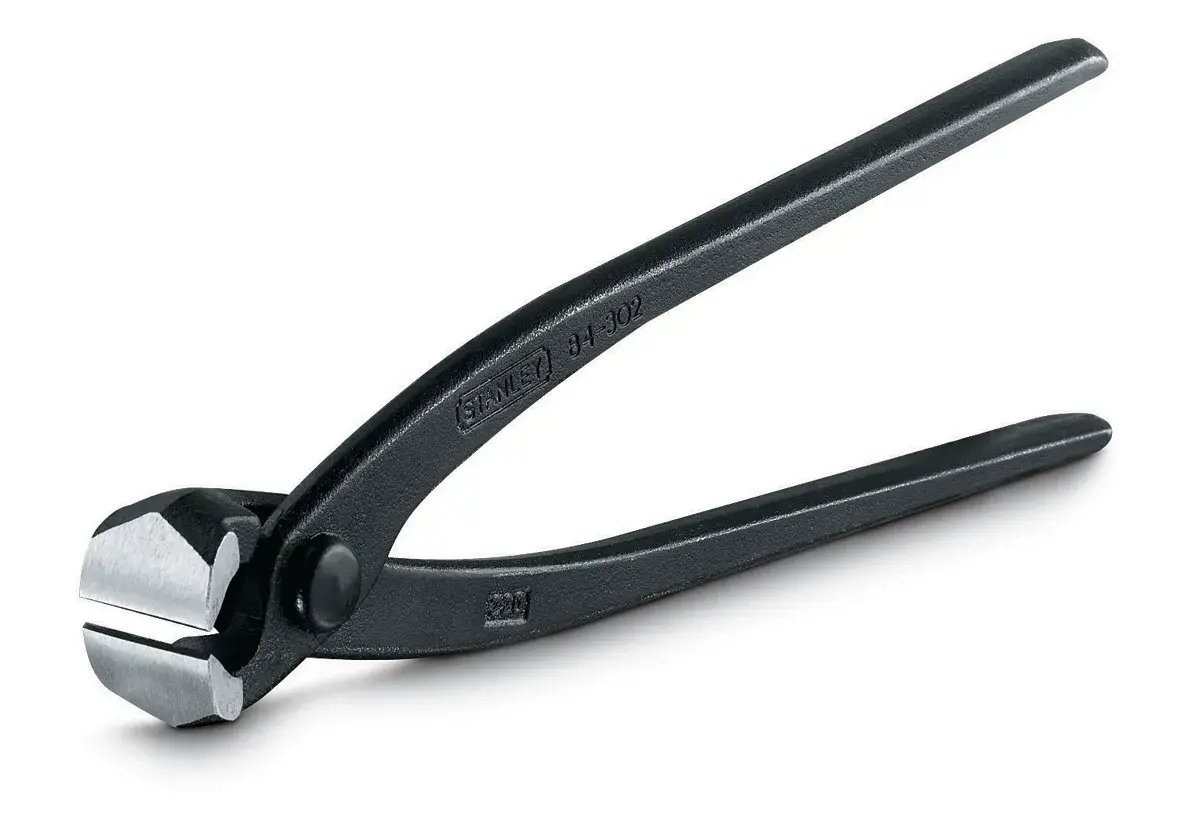 STANLEY 2-84-302 black nipper pliers with silver jaws, side angle, photography on white background.