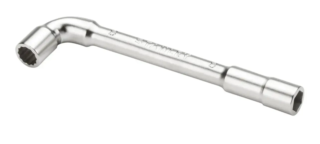 STANLEY 2-86-685 chrome finish L-shaped box wrench, product side view on white background.