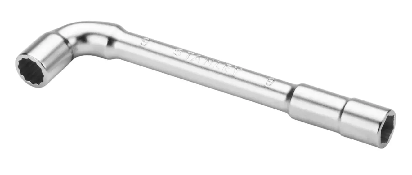 STANLEY 2-86-686 chrome-plated L-shaped socket wrench, side angle on white background.