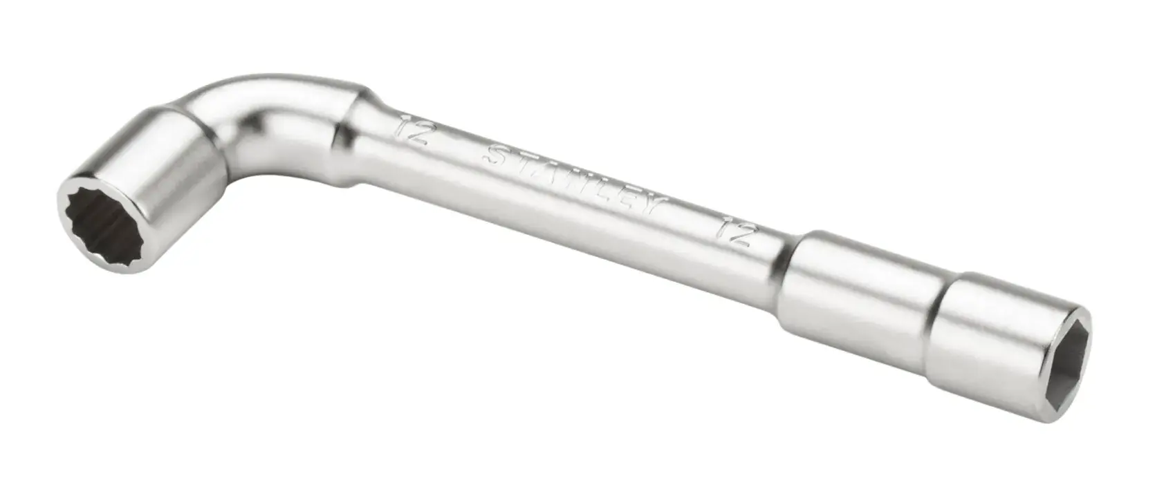 STANLEY 2-86-689 chrome L-shaped socket wrench, tool category, side angle, white background.