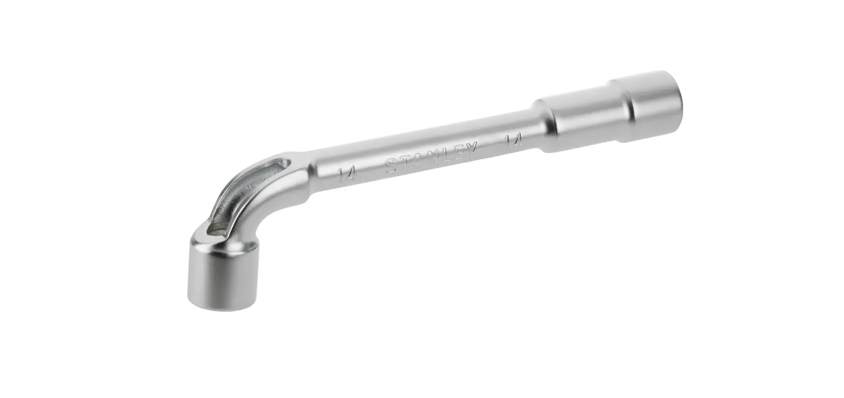 Silver STANLEY L-shaped socket wrench on white background.