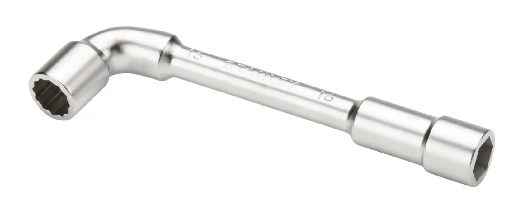 Chrome finish STANLEY socket wrench with two hex ends, used for tightening or loosening bolts.