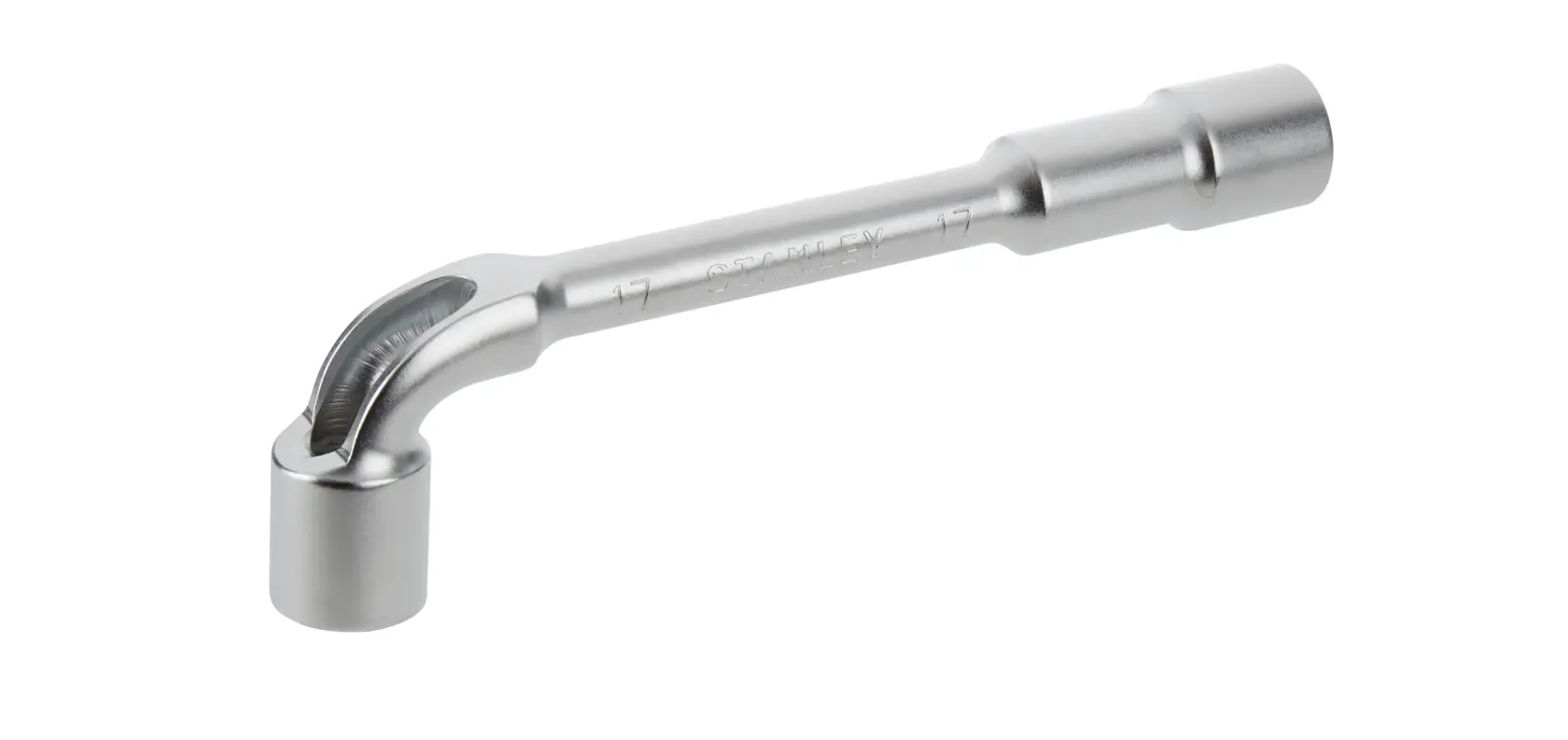 STANLEY 2-86-694 silver L-shaped socket wrench on white background, side angle.