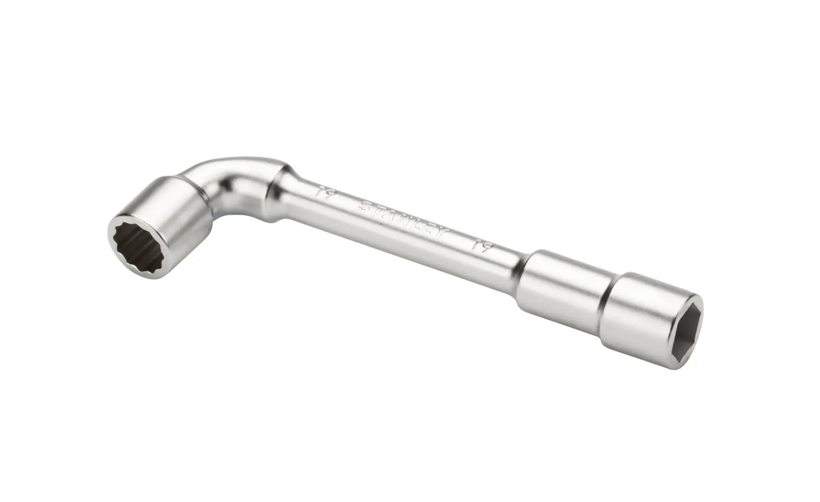Photo of a STANLEY 2-86-696 double-ended L-shaped socket wrench, silver finish, shown on white background.