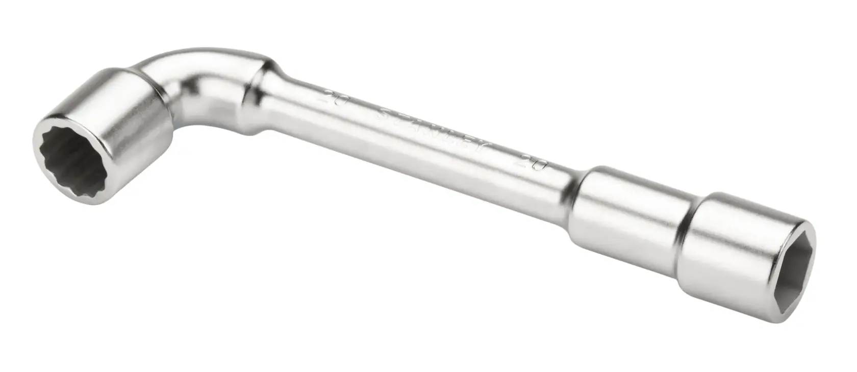 STANLEY 2-86-697 silver L-shaped socket wrench, side angle, chrome finish hand tool.