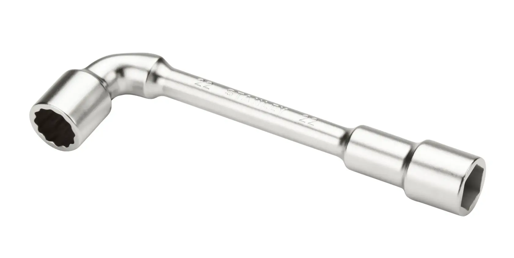 Metal L-shaped socket wrench tool with two hexagonal ends for tightening or loosening nuts and bolts.