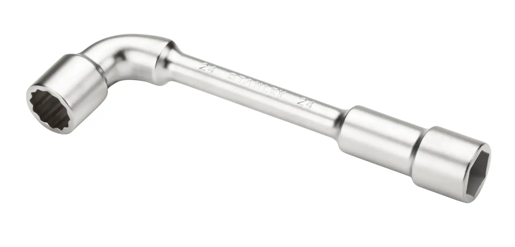 STANLEY chrome-plated L-shaped box spanner for tightening or loosening nuts and bolts.