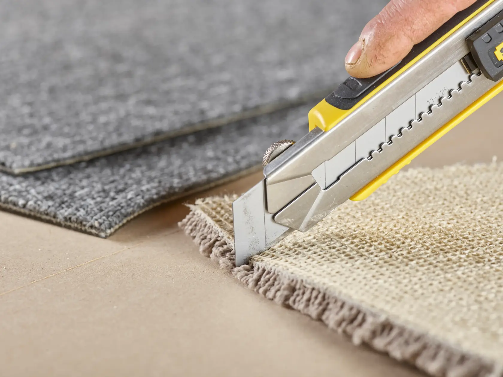 STANLEY 3-11-725 utility knife cutting beige carpet tile, close-up angle, product in use.