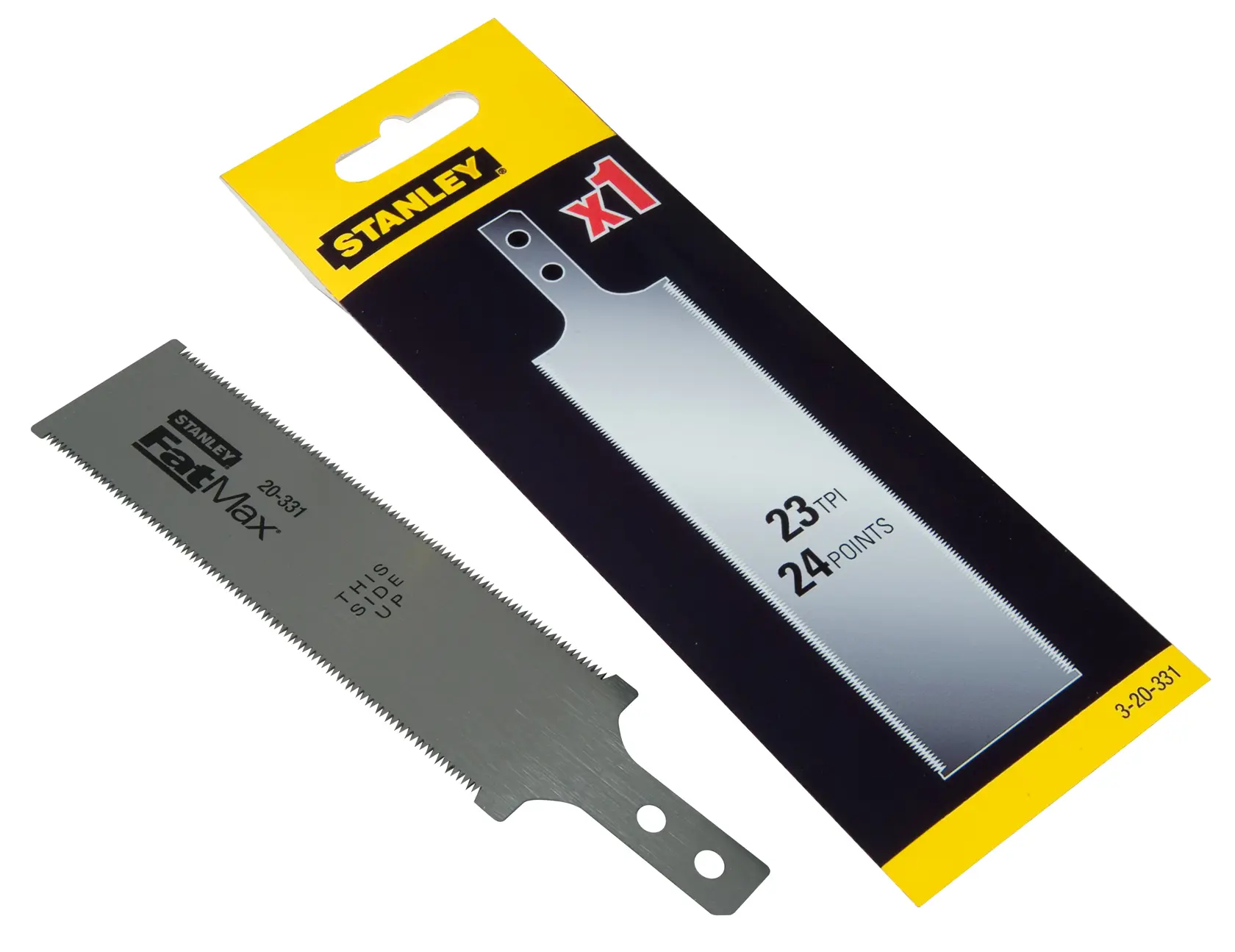 Photo of STANLEY 3-20-331 saw blade for wood cutting with packaging, silver finish, FatMax series.