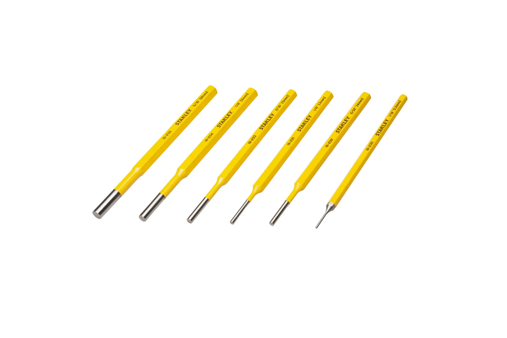 Six yellow-handled metal punches in different sizes, arranged in a row on a white background.
