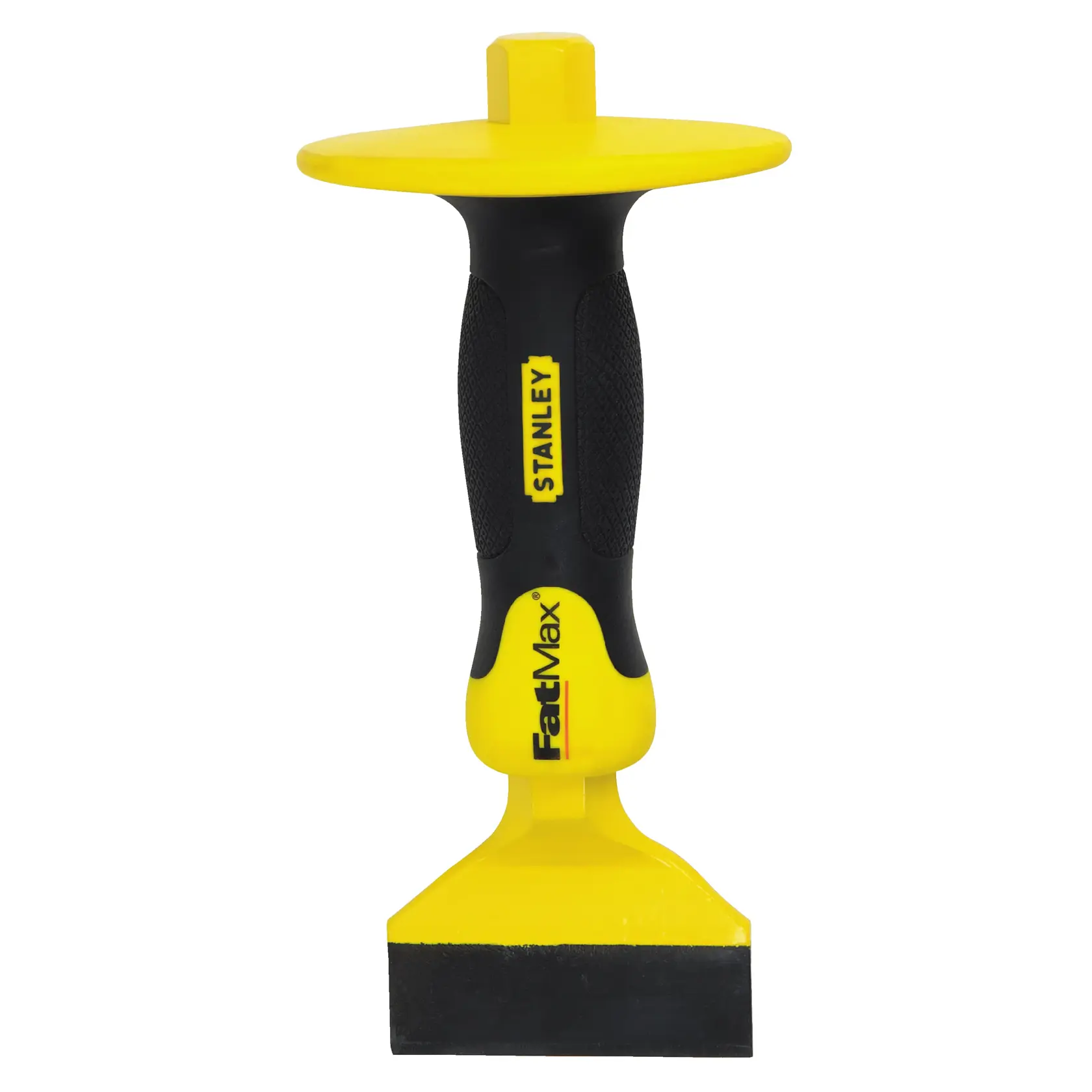 STANLEY 4-18-327 masonry chisel, FatMax series, yellow and black, with protective hand guard, front view on white.