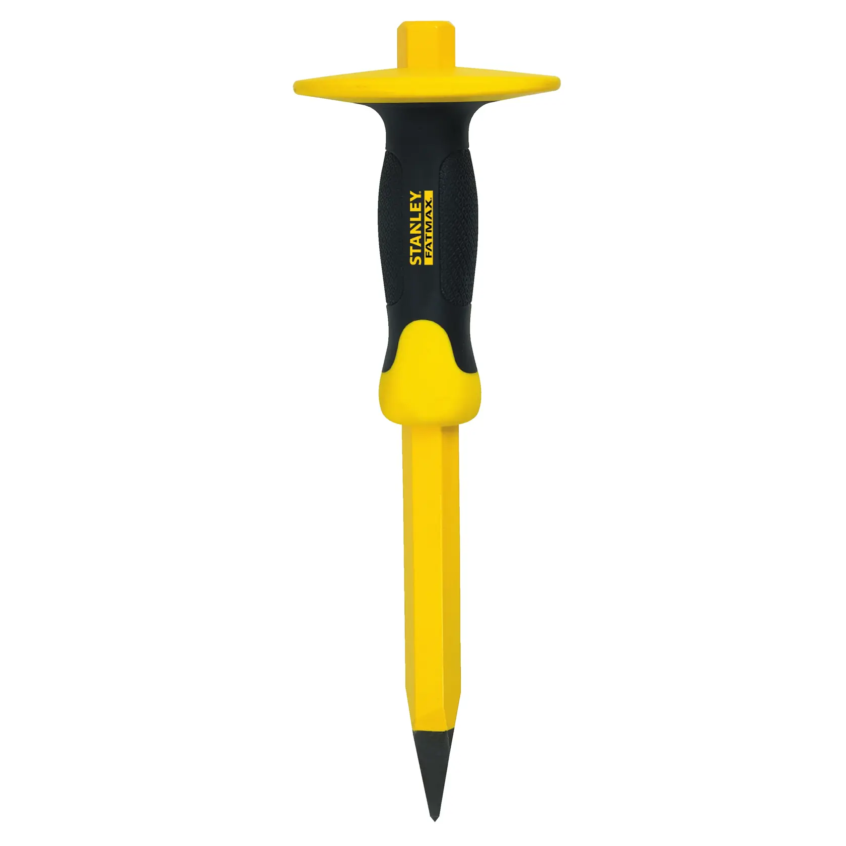 Stanley yellow and black hexagonal cold chisel with hand guard, pointed tip for masonry tasks.