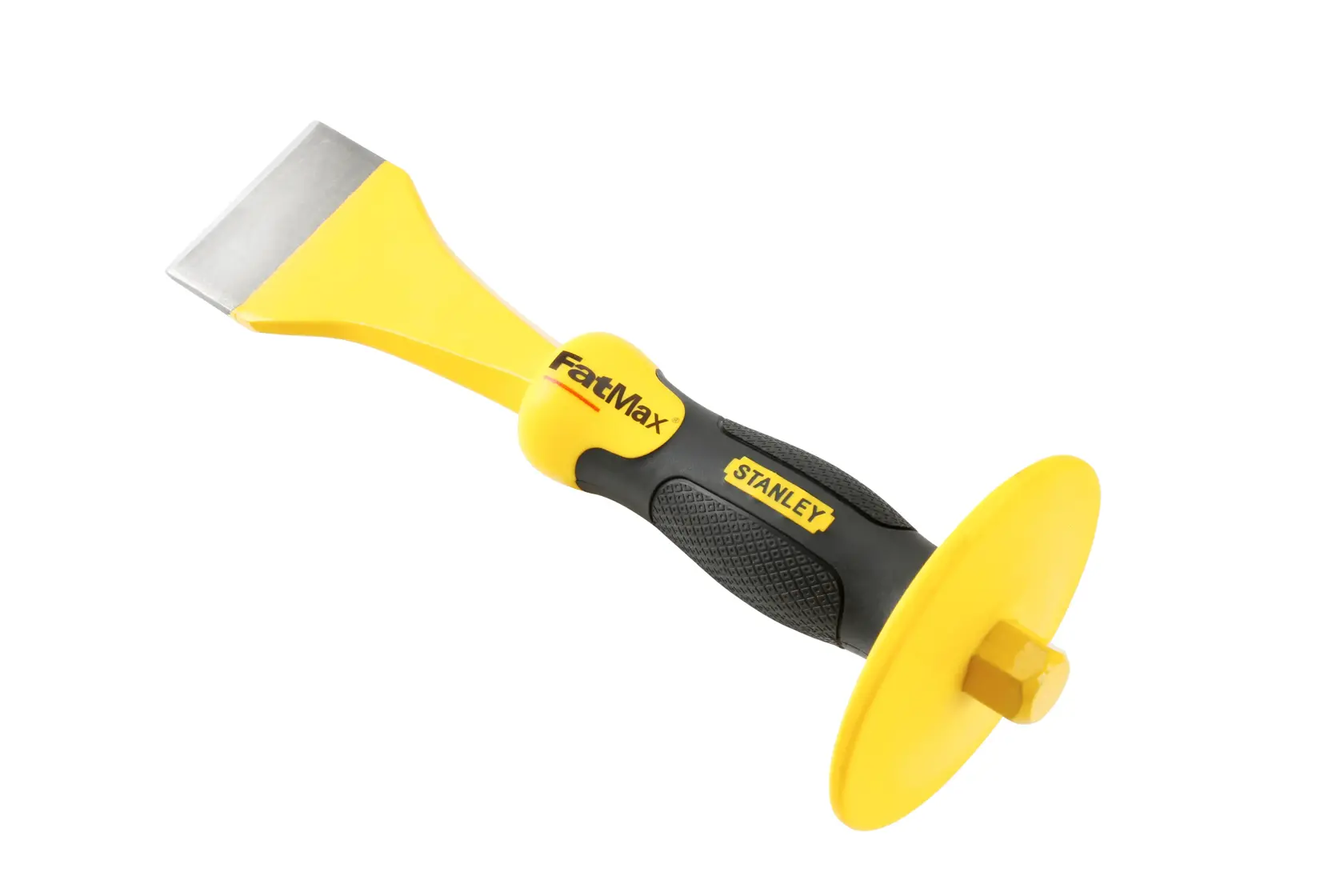 Photo of STANLEY 4-18-330 cold chisel with yellow and black handle, hand guard, and flat steel blade on white background.