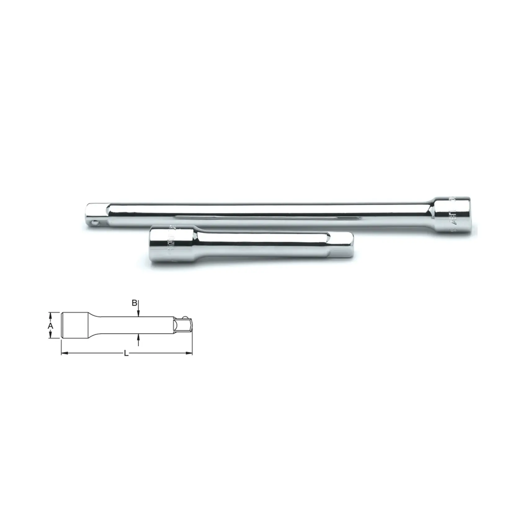 STANLEY 4-86-408 chrome extension bars, set of two, with side view and technical drawing for length and width details.