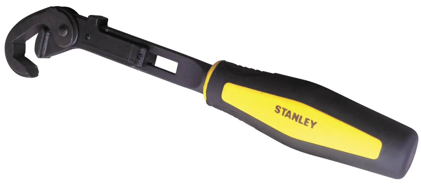 Stanley adjustable wrench with black and yellow handle, suitable for tightening or loosening nuts and bolts.