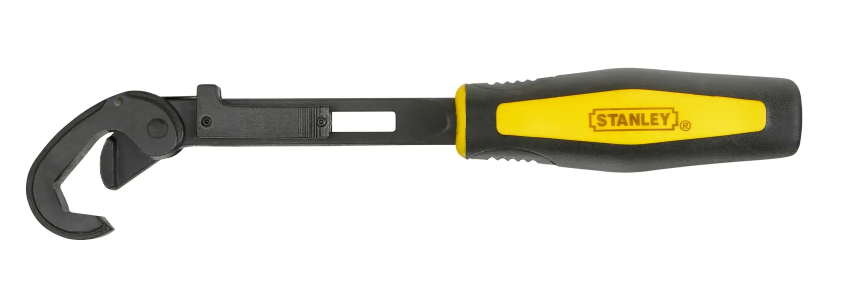 STANLEY 4-87-990 adjustable hook spanner with black and yellow handle, side view on white background.
