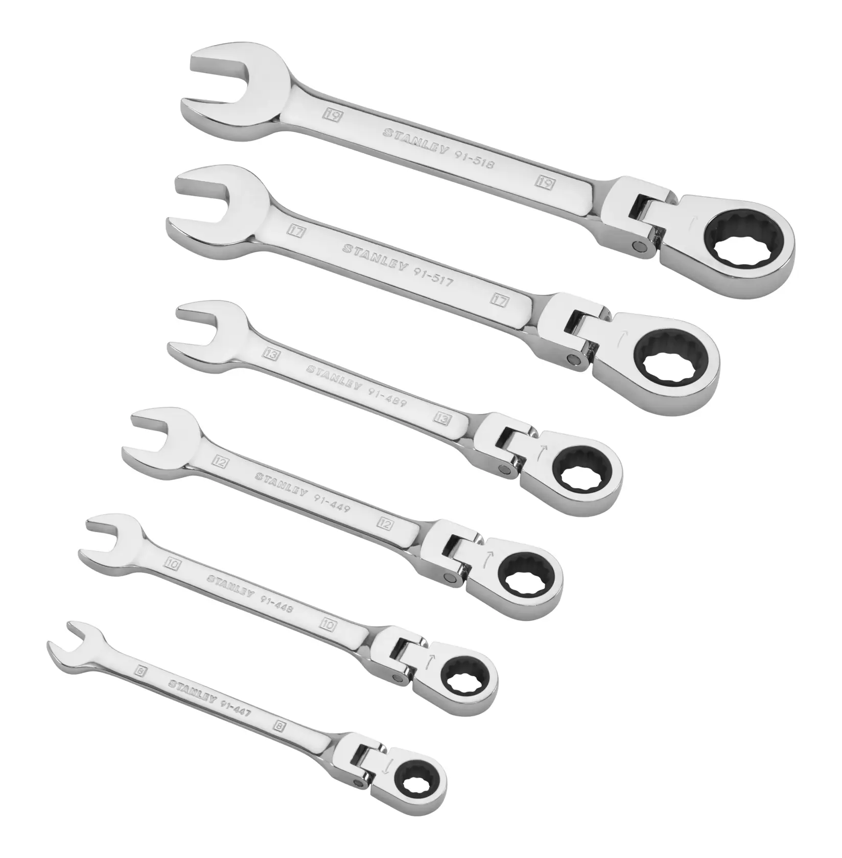 STANLEY 4-91-444 set of six chrome ratcheting combination wrenches, open and box ends, front angle.