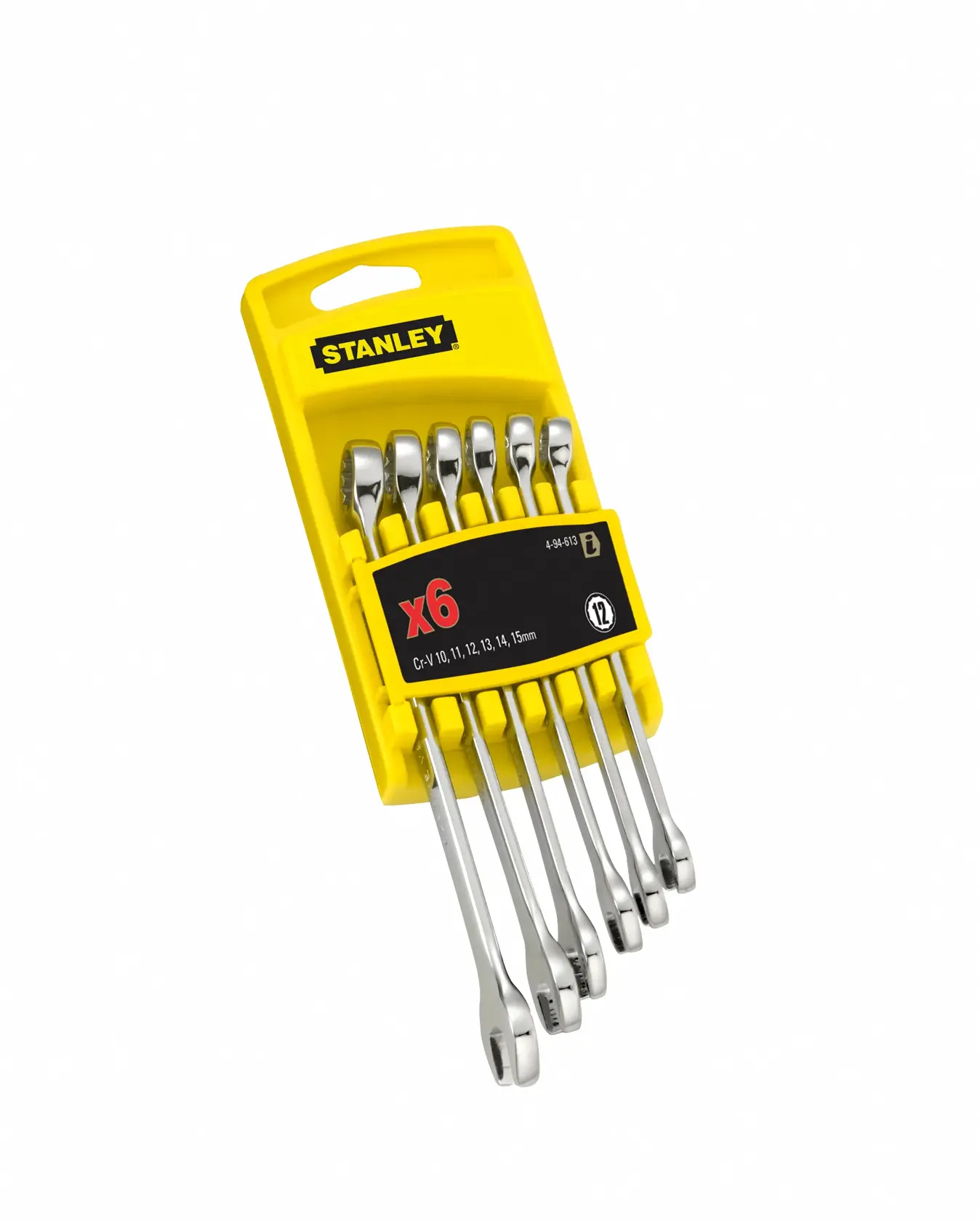 Stanley set of 6 combination wrenches in yellow holder, sizes 10-15mm. Tools displayed angled.