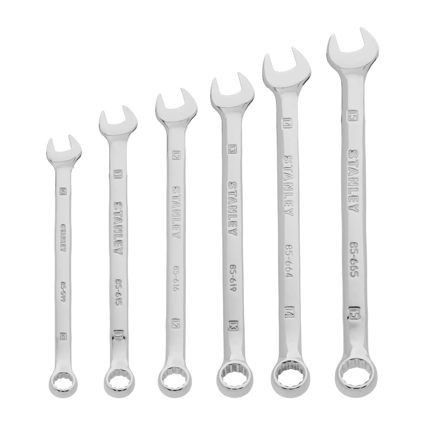 STANLEY 4-94-646 combination wrench set, six-piece chrome wrenches, front view on white background.