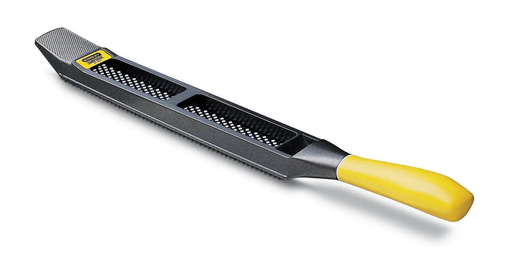 STANLEY 5-21-295 hand rasp with yellow handle, metal body, side angle on white background.