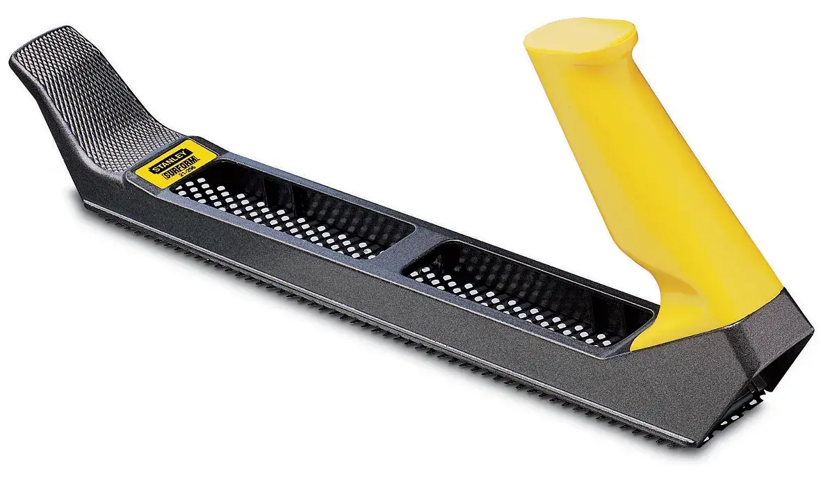 STANLEY 5-21-296 surform plane with yellow handle, angled view on white background.