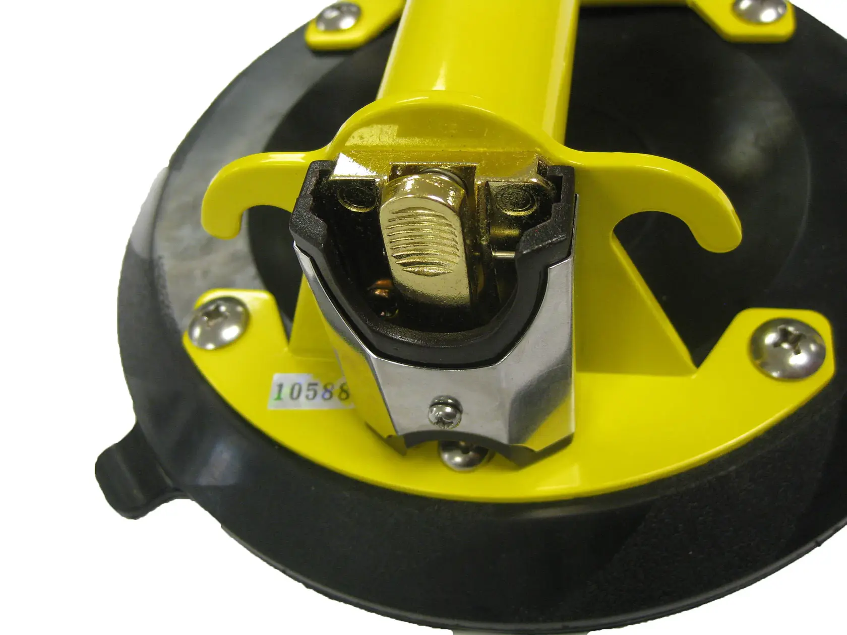 STANLEY 6-97-187 yellow and black suction cup lifter close-up, showing metal release lever, photography, top angle.