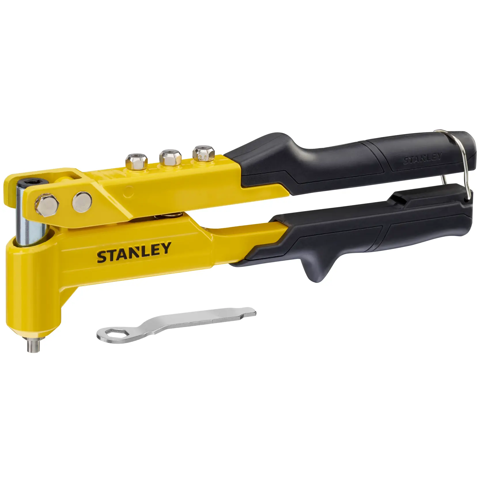 STANLEY 6-MR100 yellow and black rivet tool with wrench, side angle, white background.