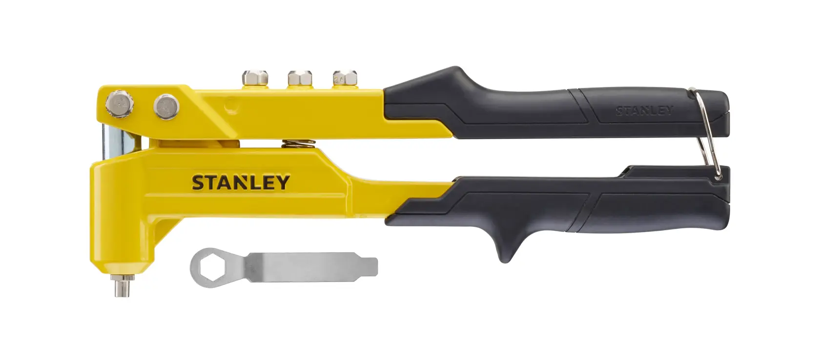 STANLEY 6-MR100 yellow and black hand riveter tool with included wrench, side view on white background.