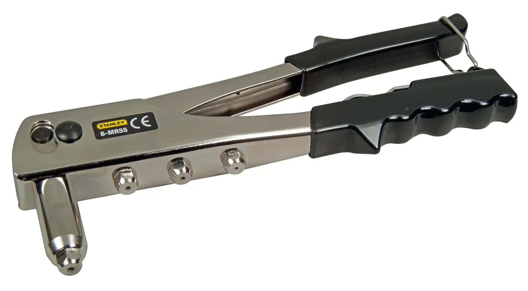 STANLEY 6-MR55 hand riveter with black ergonomic handles, side view on white background.