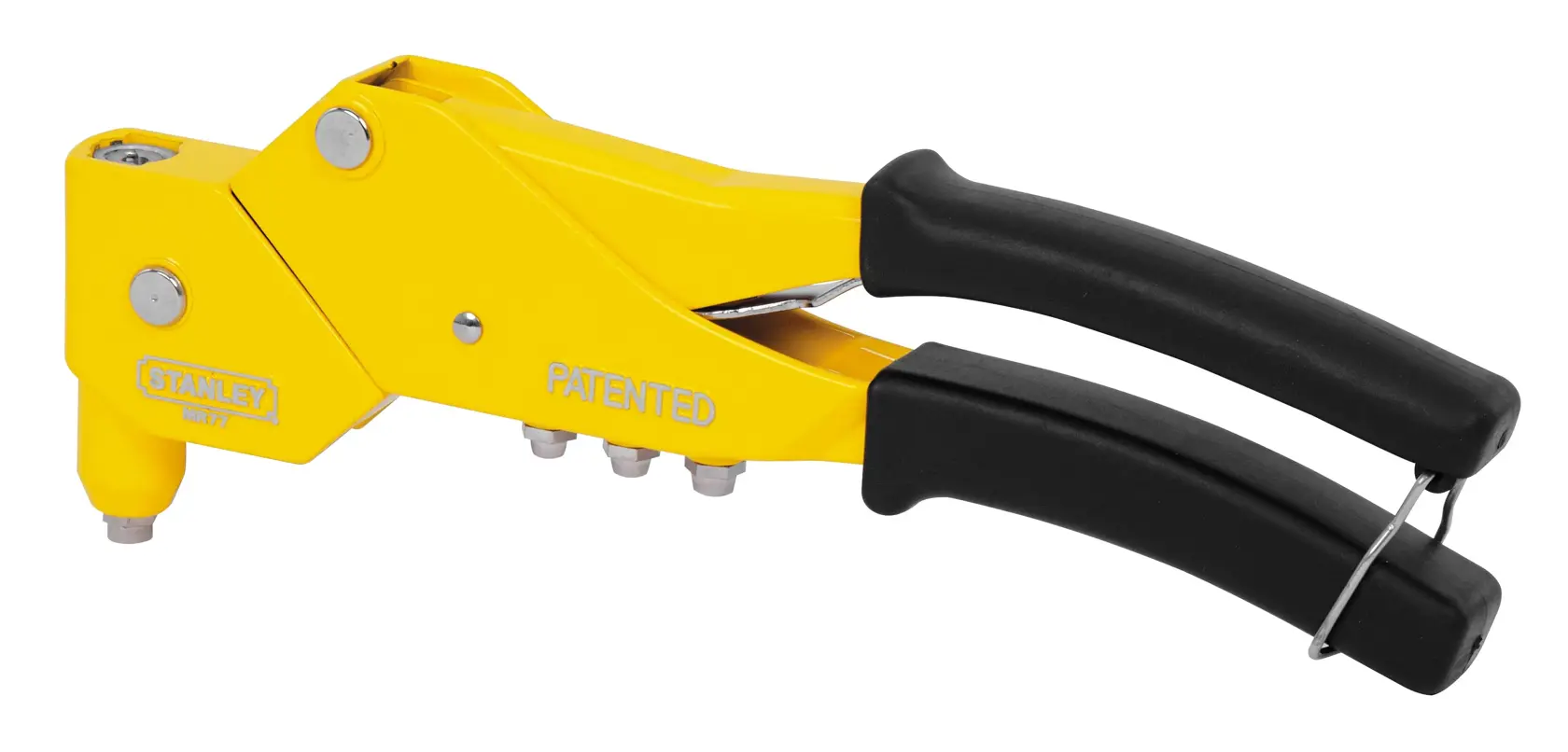 Yellow STANLEY MR77 rivet tool with black handles, designed for fastening materials together.