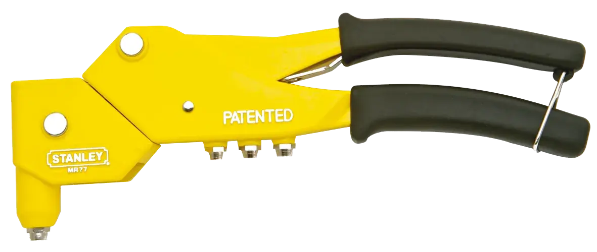 STANLEY 6-MR77 yellow hand riveter with black handles, side view, product photography on white background.