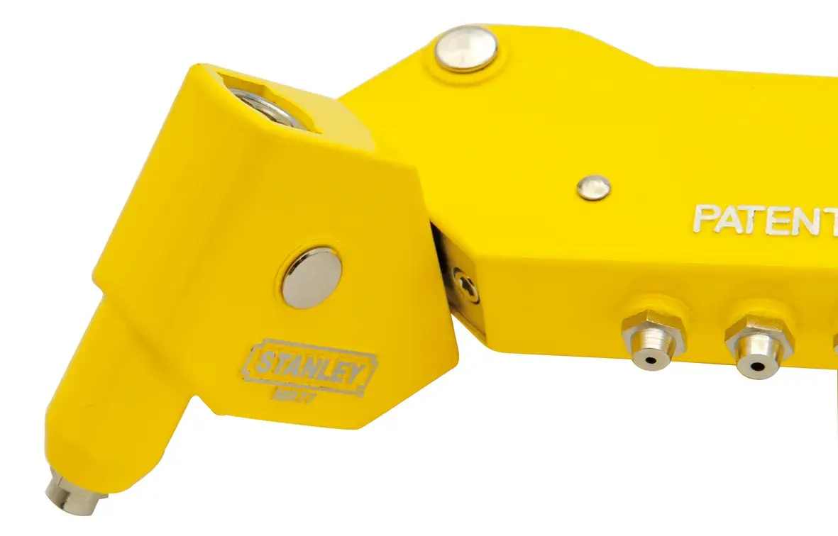 STANLEY 6-MR77 yellow hand riveter tool, close-up angled view on white background.